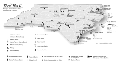 Map of principal installations, camps, industries, and facilities in North Carolina during World War II